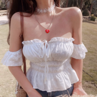 White ruffled lace-up off-shoulder top - Thumbnail 3
