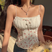 Retro style bow waist slim fit printed top camisole - Thumbnail 1