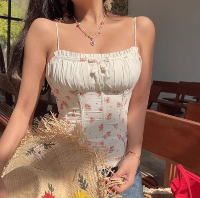 Retro style bow waist slim fit printed top camisole