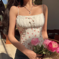 Retro style bow waist slim fit printed top camisole - Thumbnail 5