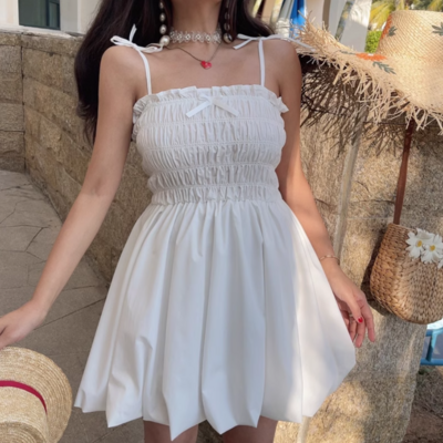 Small fresh bow tie puffy short skirt suspender dress