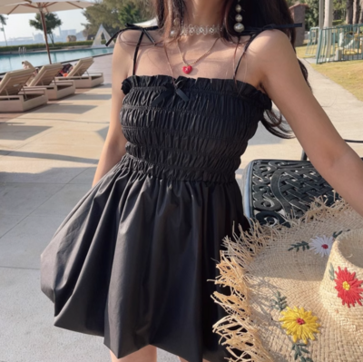 Small fresh bow tie puffy short skirt suspender dress