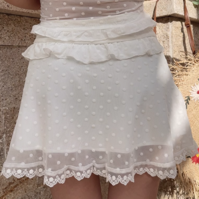 Thin flocked mesh polka dot slim fit skirt