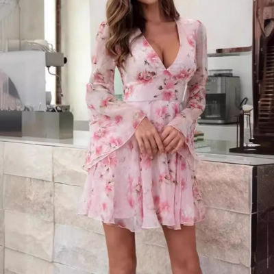 Fashion flower deep v-neck dress