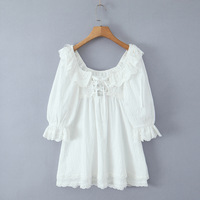 Lace Square Neck Three-Dimensional Small Flower Double-Layer Lace Hem Dress - Thumbnail 5