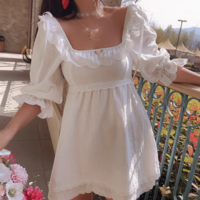 Lace Square Neck Three-Dimensional Small Flower Double-Layer Lace Hem Dress - Thumbnail 1