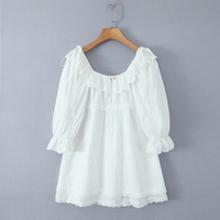 Lace Square Neck Three-Dimensional Small Flower Double-Layer Lace Hem Dress - Thumbnail 2
