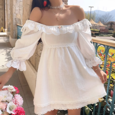 Lace Square Neck Three-Dimensional Small Flower Double-Layer Lace Hem Dress