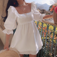 Lace Square Neck Three-Dimensional Small Flower Double-Layer Lace Hem Dress - Thumbnail 4