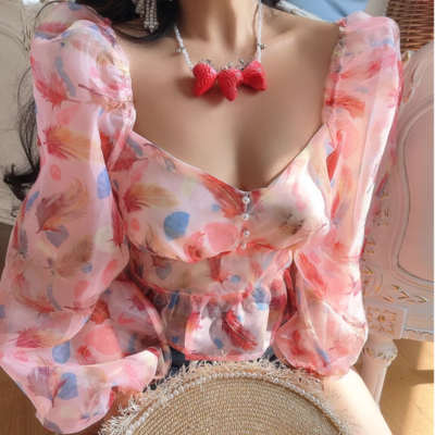 Puff sleeve sexy open back floral print sweet top