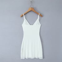 White sexy deep V-neck flocked polka dot mesh suspender dress - Thumbnail 1