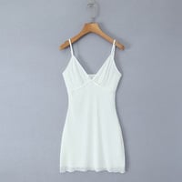 White sexy deep V-neck flocked polka dot mesh suspender dress - Thumbnail 2