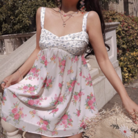 Colorblock chest embroidered print open back casual suspender dress - Thumbnail 1