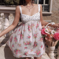 Colorblock chest embroidered print open back casual suspender dress - Thumbnail 3