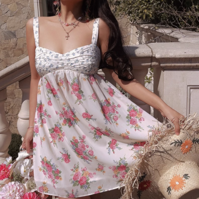 Colorblock chest embroidered print open back casual suspender dress