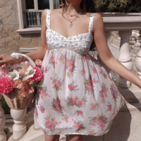 Colorblock chest embroidered print open back casual suspender dress - Thumbnail 5