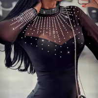Mesh Rhinestone Splicing Long Sleeved Tight Fitting Dress - Thumbnail 1