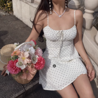 Waist-hugging white polka dot suspender dress - Thumbnail 4