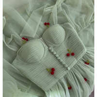 Mint Mesh Party Dress With Cherry Decor - Thumbnail 4