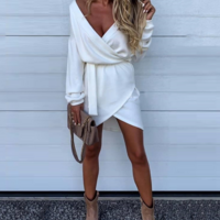White Long Sleeved V-Neck Off Shoulder Wrapped Dress - Thumbnail 2