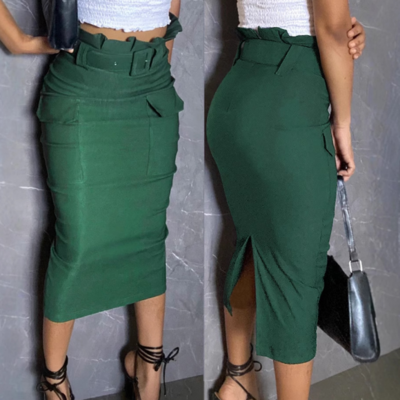Green high waisted casual tight half skirt - Thumbnail 1