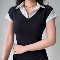 Retro design fake two-piece lapel short-sleeved T-shirt - Thumbnail 2