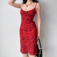 Retro Red Printed Suspender Midi Holiday Dress - Thumbnail 2