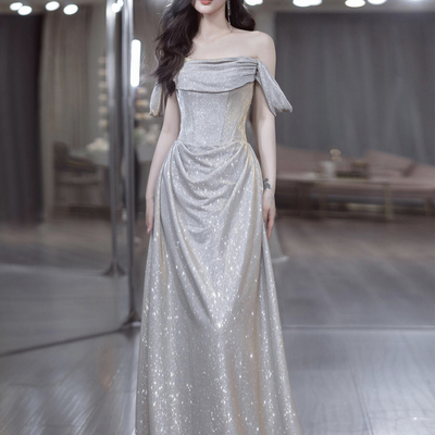 Beautiful a-line off the shoulder glitter prom party dress - Thumbnail 1