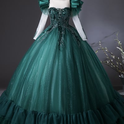 Green tulle beads long prom dress, a-line evening party dress