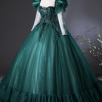 Green Tulle Beads Long Prom Dress, A-Line Evening Party Dress - Thumbnail 1