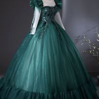 Green Tulle Beads Long Prom Dress, A-Line Evening Party Dress - Thumbnail 2