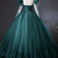 Green Tulle Beads Long Prom Dress, A-Line Evening Party Dress - Thumbnail 3