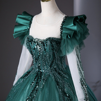 Green Tulle Beads Long Prom Dress, A-Line Evening Party Dress - Thumbnail 4