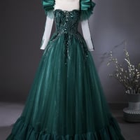 Green Tulle Beads Long Prom Dress, A-Line Evening Party Dress - Thumbnail 5
