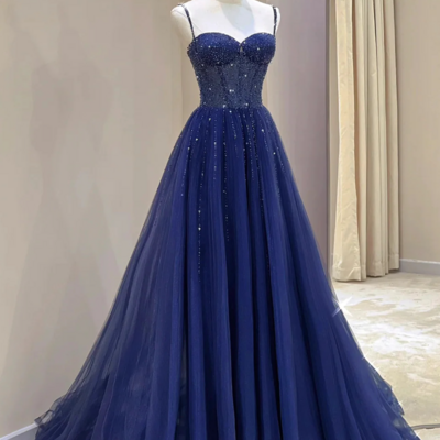 Spaghetti straps blue tulle a line formal prom dress with beading