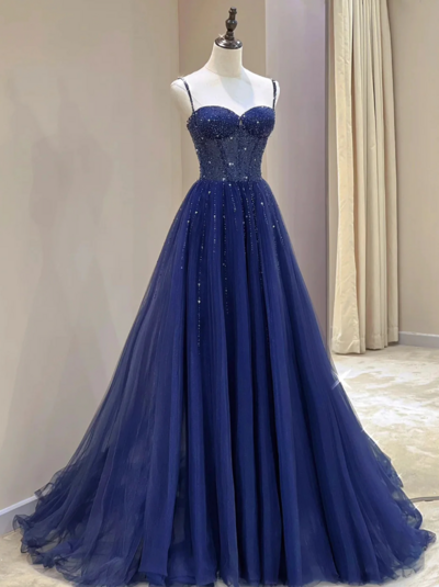 Spaghetti Straps Blue Tulle A Line Formal Prom Dress With Beading