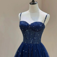 Spaghetti Straps Blue Tulle A Line Formal Prom Dress With Beading - Thumbnail 1
