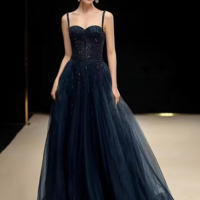 Spaghetti Straps Blue Tulle A Line Formal Prom Dress With Beading - Thumbnail 4