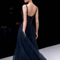 Spaghetti Straps Blue Tulle A Line Formal Prom Dress With Beading - Thumbnail 5