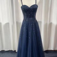 Spaghetti Straps Blue Tulle A Line Formal Prom Dress With Beading - Thumbnail 6