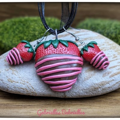 Strawberry dipped in chocolate necklace and earrings set polymer clay  - Thumbnail 3