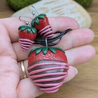Strawberry dipped in chocolate necklace and earrings set polymer clay  - Thumbnail 3