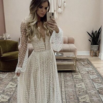 Simple sheath v neck long sleeve polka dots beach boho wedding dress bridal gown wedding gown