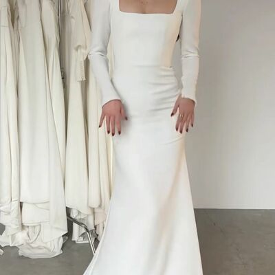 Simple sheath scoop long sleeve beach boho wedding dress bridal gown wedding gown