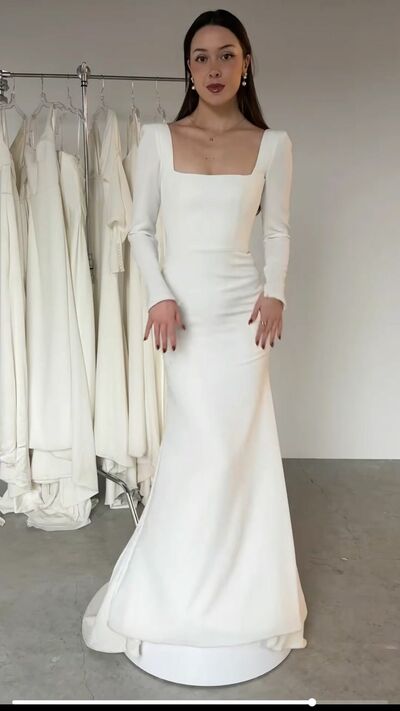 Simple Sheath Scoop Long Sleeve Beach Boho Wedding Dress Bridal Gown Wedding Gown