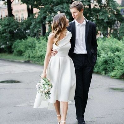 Simple one shoulder tea-length beach boho wedding dress bridal gown wedding gown