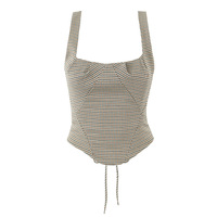 Brown Plaid Drawstring Corset Top - Thumbnail 1