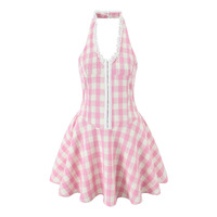 Sweet Plaid V-neck Halter Slim Waist Dress - Thumbnail 1