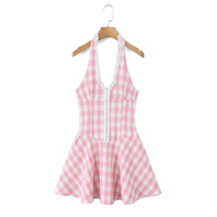 Sweet Plaid V-neck Halter Slim Waist Dress - Thumbnail 3