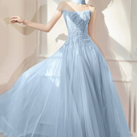 Beautiful Blue Tulle Beads Long Prom Party Dress - Thumbnail 1
